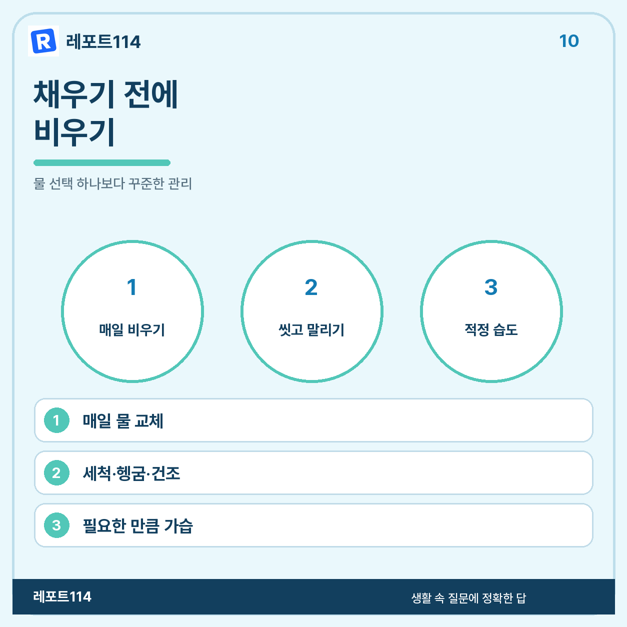 매일 물 비우기, 세척과 건조, 적정 습도 관리 요약