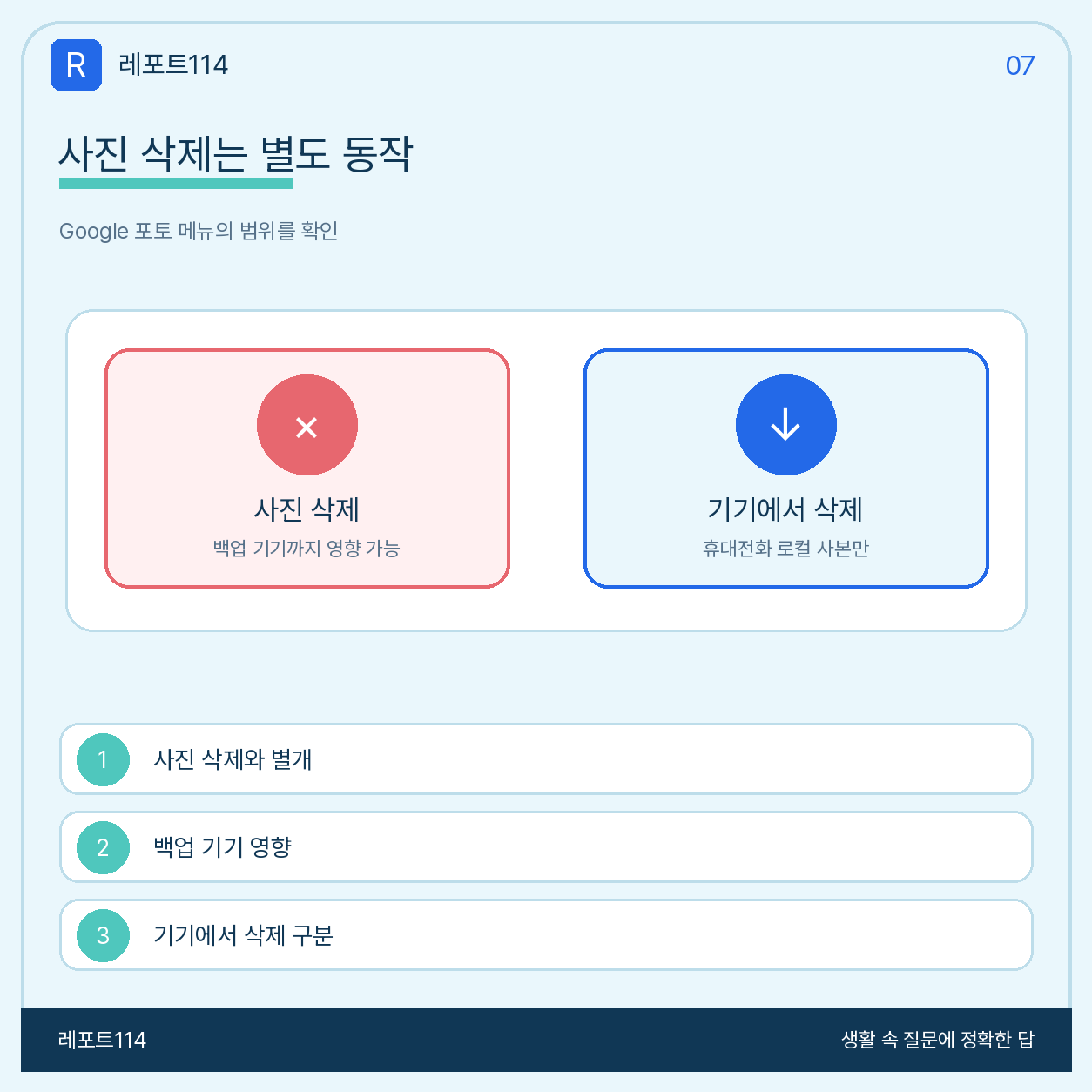 Google 포토 삭제와 기기에서 삭제의 범위를 비교한 안내
