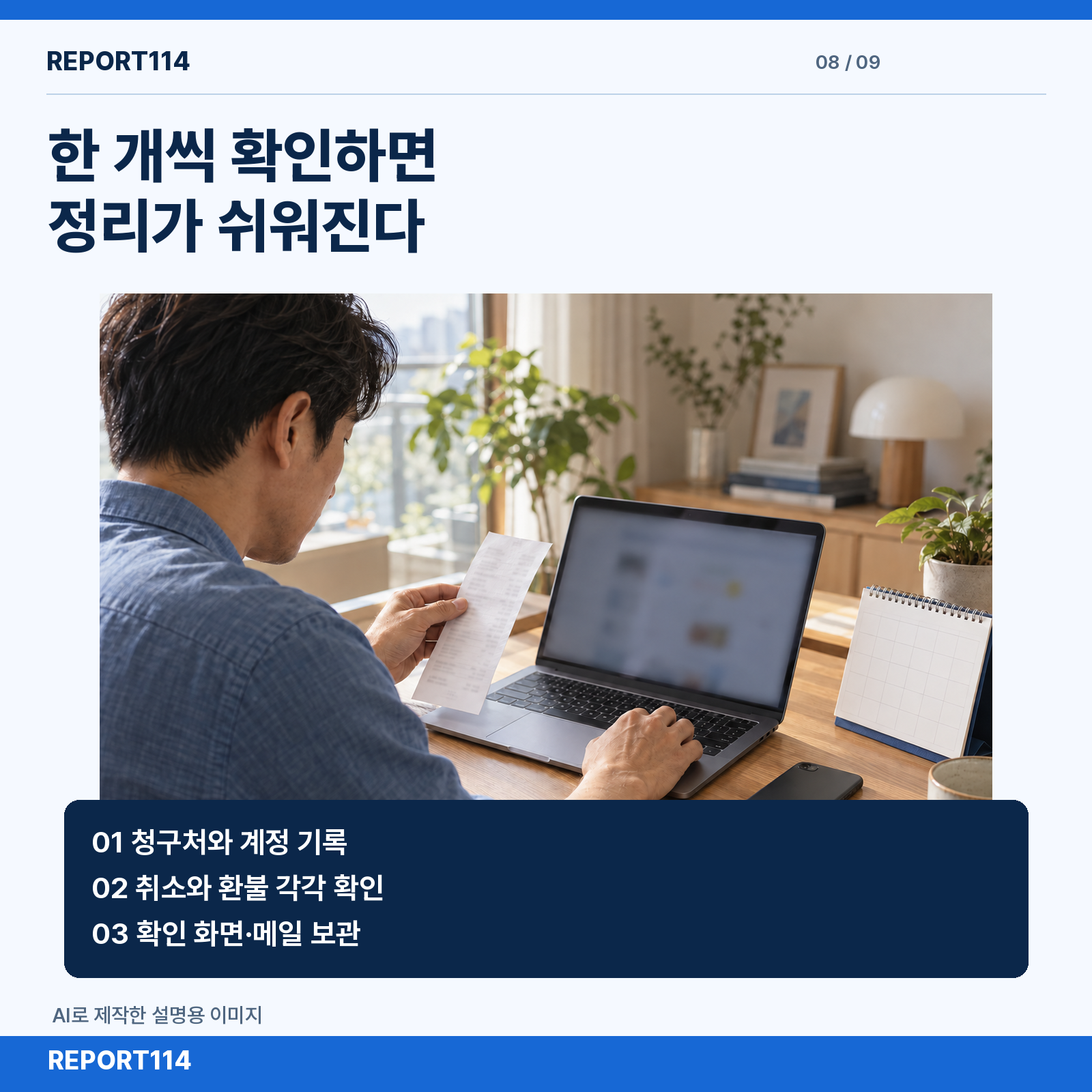 한 개씩 확인하면 정리가 쉬워진다 — 청구처와 계정 / 이용 종료일 / 확인 메일 보관 (설명용 AI 이미지)