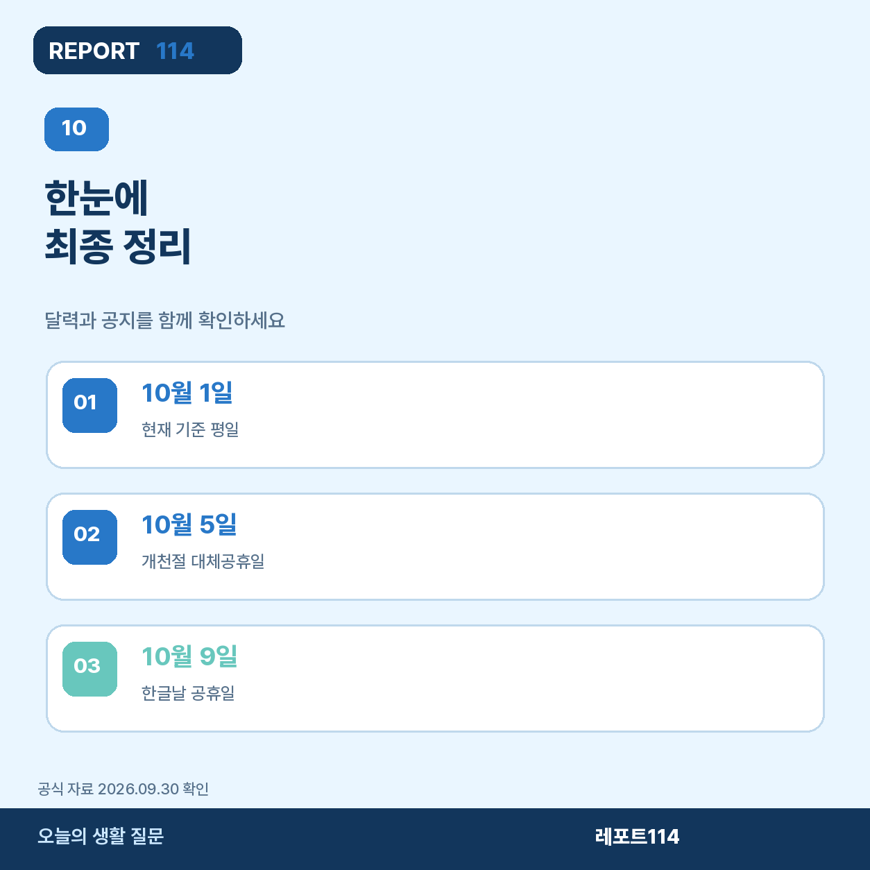 2026년 10월 1일은 평일이고 5일과 9일은 공휴일이라고 정리한 포스터