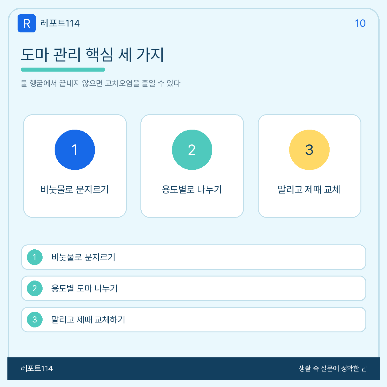 물 헹굼이 아니라 분리·비눗물 세척·완전 건조를 기억하는 최종 요약