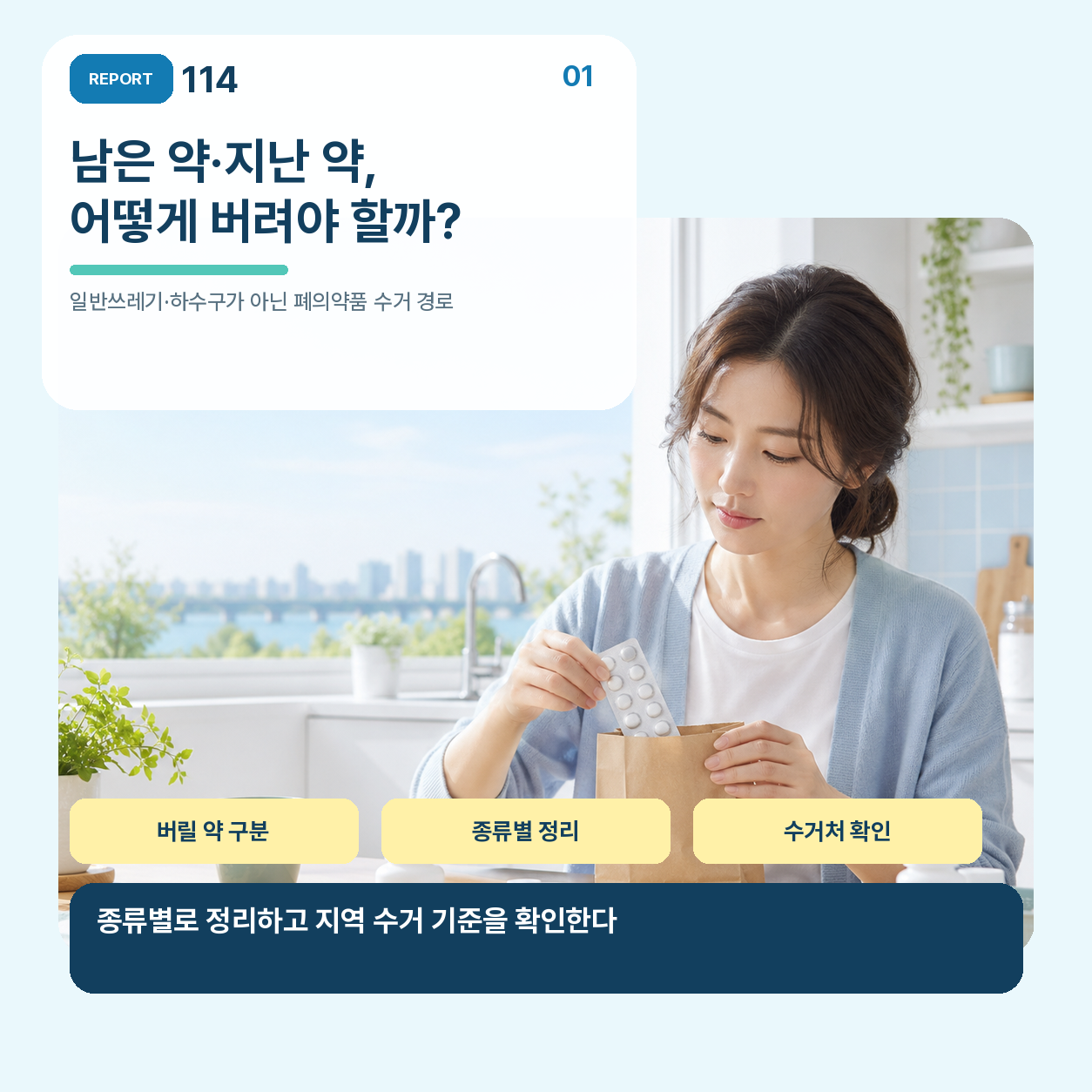 밝은 주방에서 남은 약을 종류별로 정리하는 모습