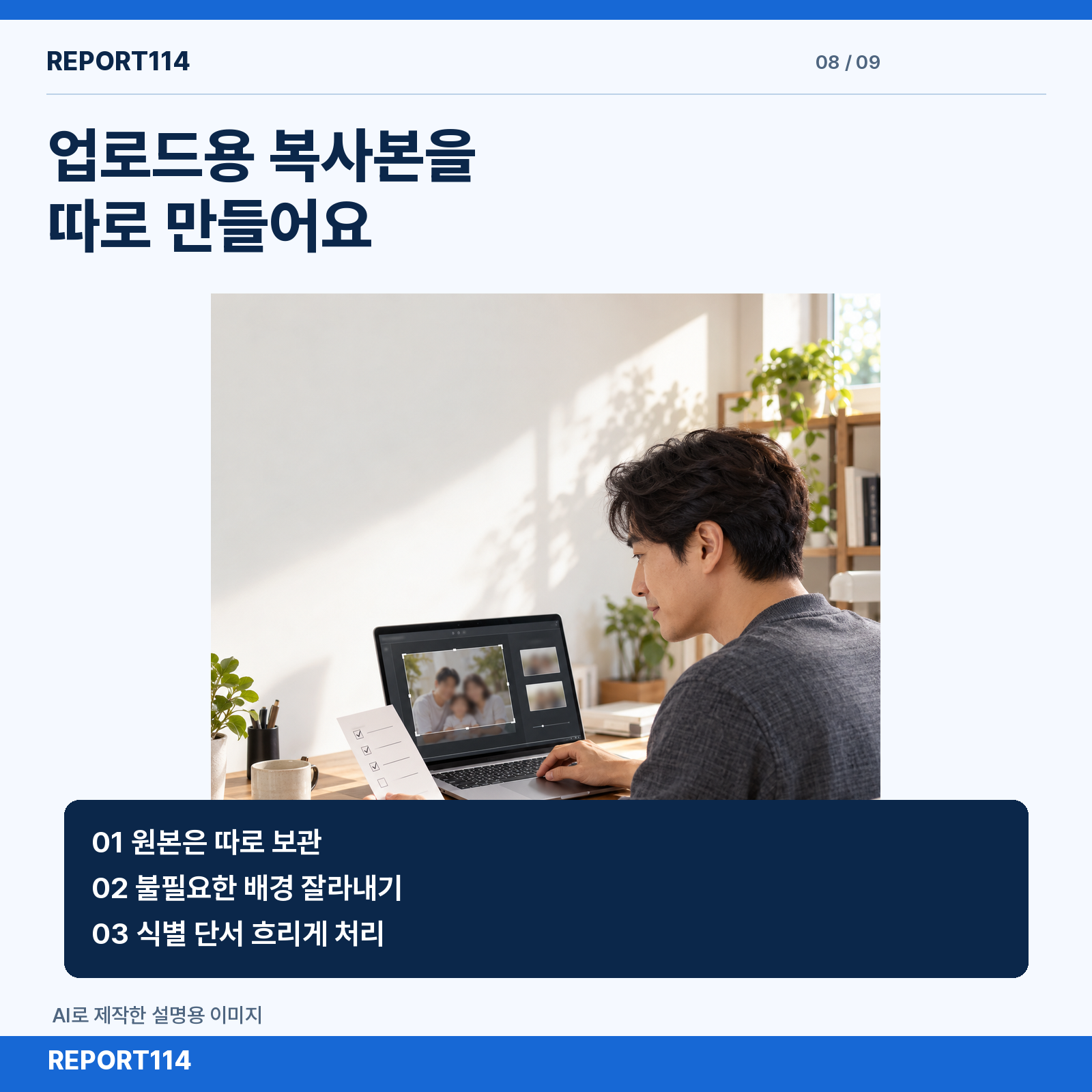 설명용 AI 인물이 업로드용 복사본에서 배경과 식별 단서를 가리는 장면.