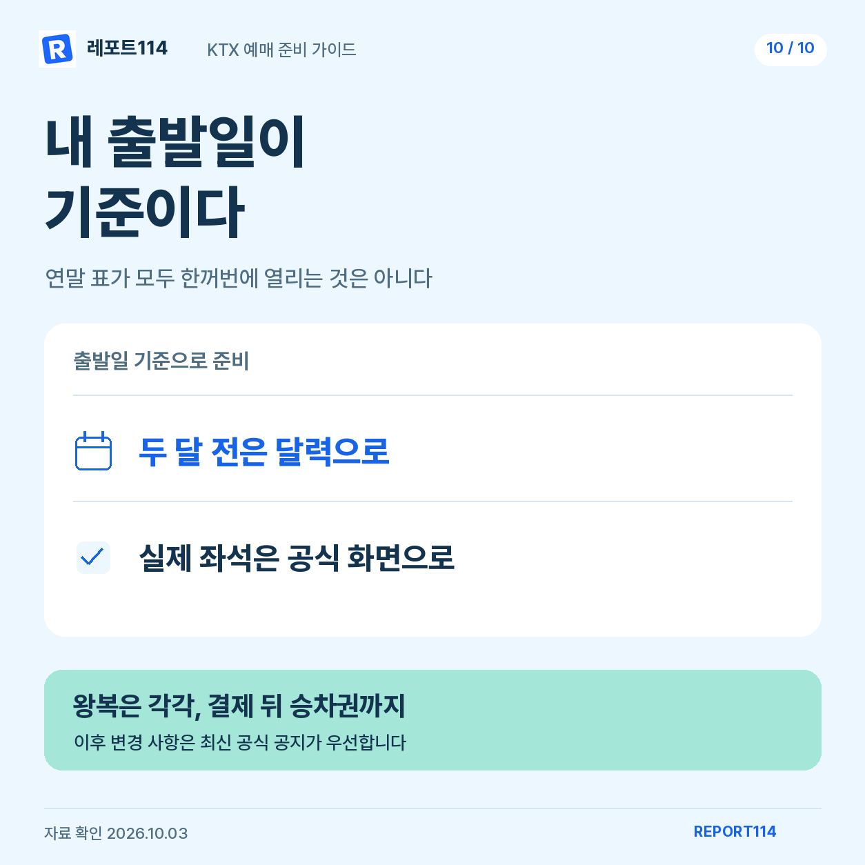 가는 날과 돌아오는 날을 각각 계산하고 공식 예매 화면과 승차권을 확인하는 최종 점검표