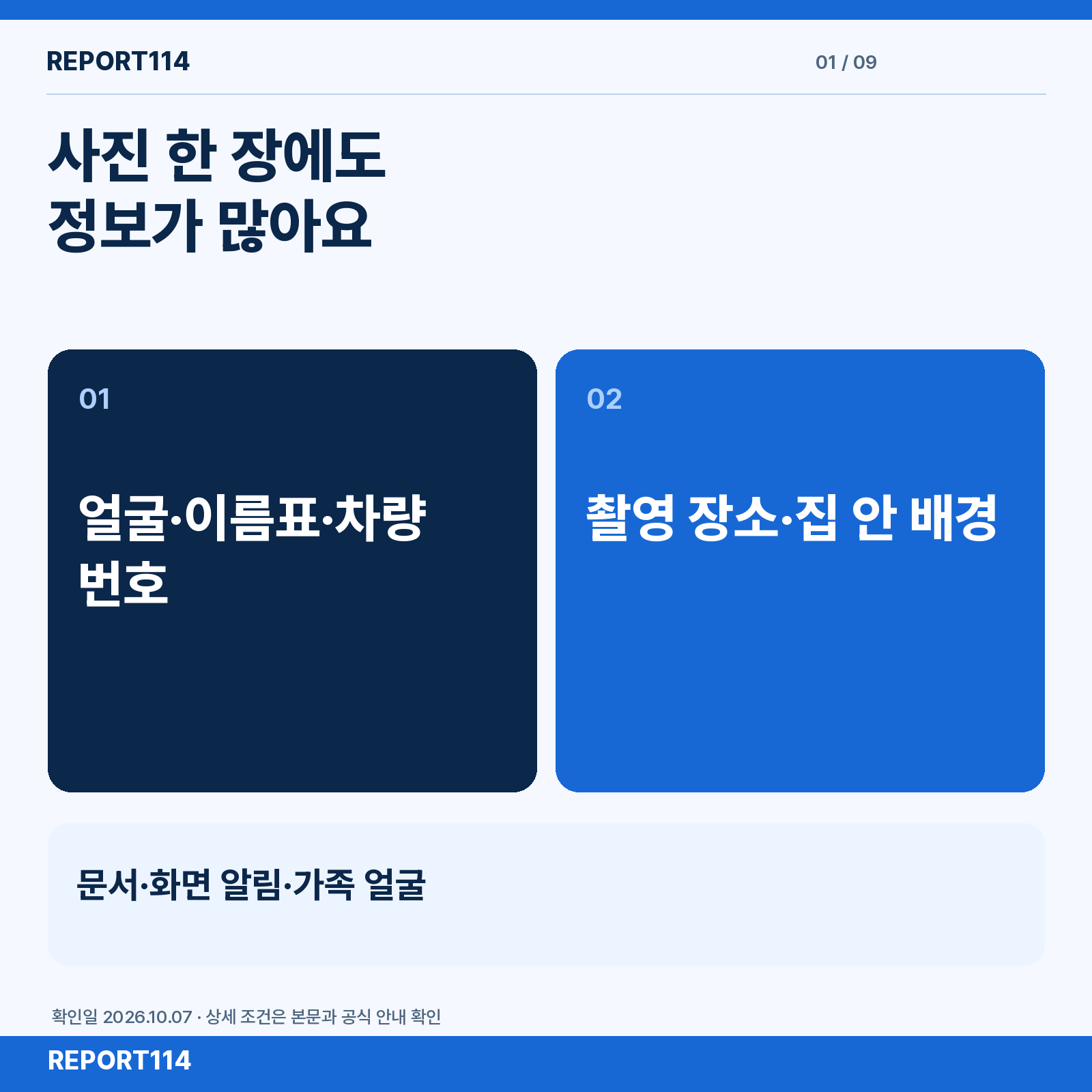 사진 한 장에 함께 담길 수 있는 얼굴·이름표·차량 번호·배경 정보를 설명하는 인포그래픽.