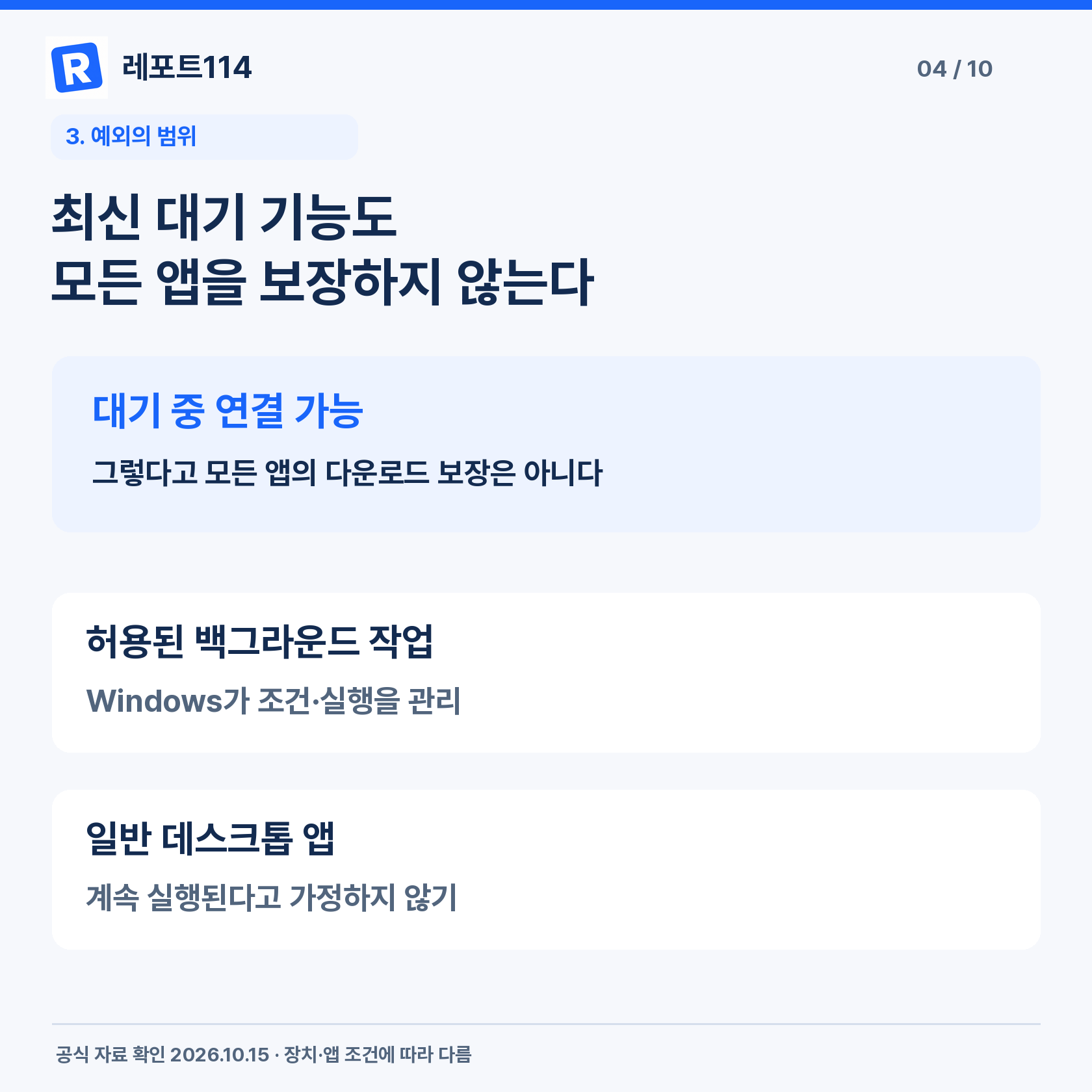 최신 대기 기능도 모든 앱을 보장하지 않는다