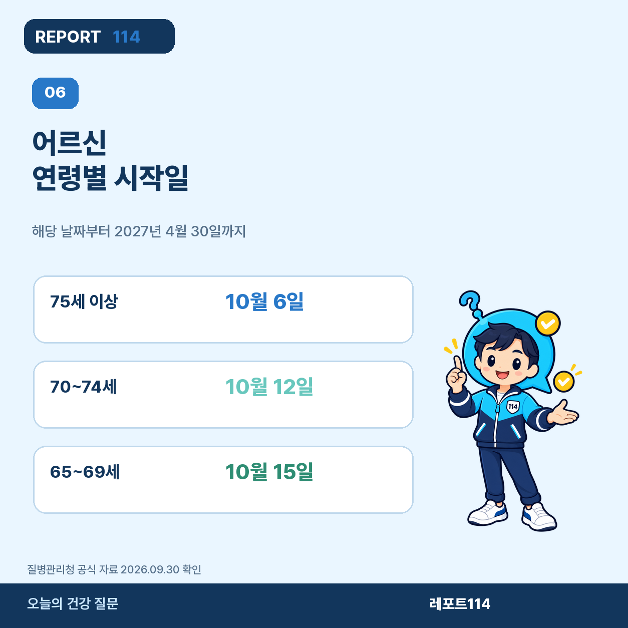 75세 이상 10월 6일 등 어르신 연령별 접종 시작일 포스터